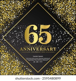 65th years anniversary celebration emblem. elegant golden anniversary logo isolated with stars glittering on black background. vector illustration template design for web, flyers, poster, greeting