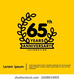 65th years anniversary celebration emblem. anniversary logo isolated with laurel wreath and ribbon on yellow background. vector illustration template design for web, flyers, poster, greeting card