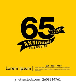 65th years anniversary celebration emblem. black logo isolated with ribbon on yellow background. vector illustration template design for web, flyers, poster, greeting card and invitation card