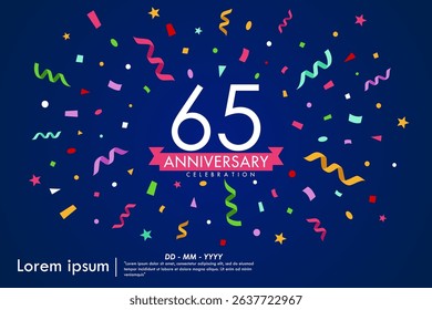 65th years anniversary celebration emblem. congratulations anniversary logo isolated with colorful confetti and stars and ribbons. vector illustration template design