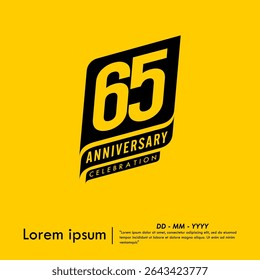65th years anniversary celebration emblem. congratulations anniversary black logo isolated with ribbons on yellow background. vector illustration template design for web banner.