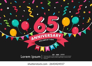 65º anos emblema de celebração de aniversário. parabéns logotipo aniversário isolado com confete colorido, bandeira de bunting, balões e fita. modelo de ilustração vetor design para web banner