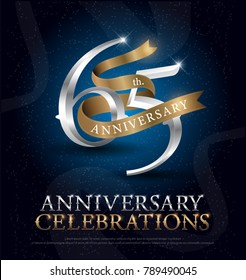 65th years anniversary celebration silver and gold logo with golden ribbon on dark blue background. vector illustrator