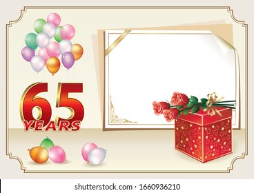 65th years anniversary celebration, vector design with gift box, bouquet of roses and balloons, sheet paper for message, birthday card