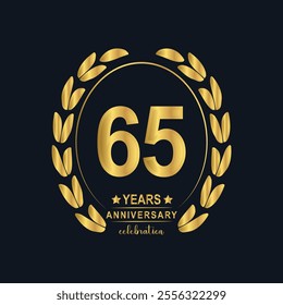 65th Years Anniversary celebration. Vector Template festive illustration Golden Color,. Birthday or wedding party event decoration.