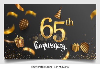65th years anniversary design for greeting cards and invitation, with balloon, confetti and gift box, elegant design with gold and dark color, design template for birthday celebration.