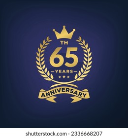 65th years anniversary laurel wreath logo or icon. 65th Anniversary elegant Gold Line Celebration Vector