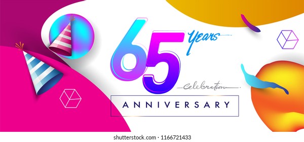 65th years anniversary logo, vector design birthday celebration with colorful geometric background and abstract elements