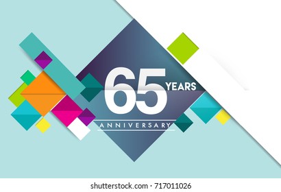 65th years anniversary logo, vector design birthday celebration with colorful geometric background and circles shape.