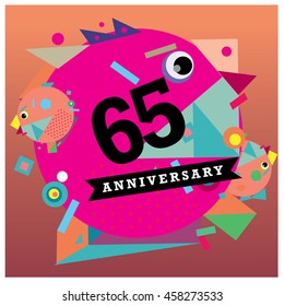 65th years greeting card anniversary with colorful number and frame. logo and icon with circle badge and background