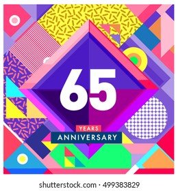 65th years greeting card anniversary with colorful number and frame. logo and icon with Memphis style cover and design template