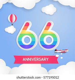 66 Anniversary Celebration Logo with Rainbow Colored and using Paper Art Design Style