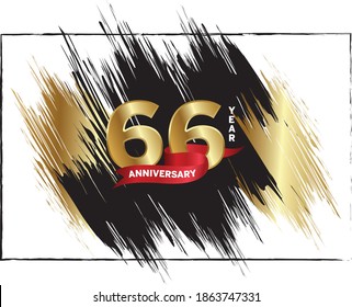 66 Anniversary celebration, Luxury anniversary template over gold and black brush, Golden number with red ribbon isolation background, Party event decoration, Vector.