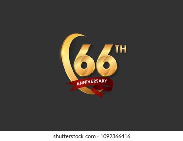 66 anniversary design logotype golden color with ring and red ribbon for celebration