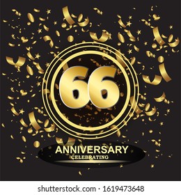 66 anniversary logo with confetti golden colored isolated on black background, vector design for greeting card and invitation card