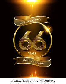66 anniversary logo with golden ring and ribbon colored isolated on black background, vector design for party greeting card and invitation card. celebration logotype template