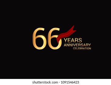 66 anniversary vector design golden colored with red ribbon isolated on black background
