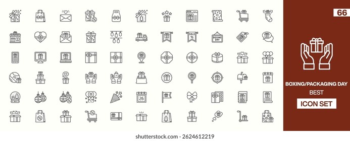 66 Boxing or Packaging Day Icons: Stylish Line-Art Symbols Featuring Gift Boxes, Shopping Bags, Sale Tags, Calendars, and Festive Celebratory Elements for Creative and Marketing Designs