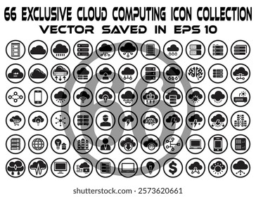 66 Cloud Computing solid icon combo. The set contains Analyzing, Data Center, Hosting, Archive, Download, Share and can be used for web, programmer, developer, information technology, coder etc