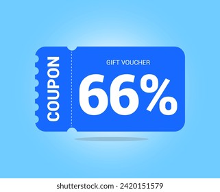 66% coupon promotion sale. Sixty six percent Vector Gift Voucher. Blue discount, lucky ticket, special offer promo. Web, shopping label, percent sign. Special price offers.
