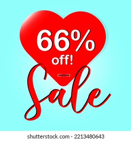 66% discount sale banner. red heart on a light blue background. Poster or banner with love heart.