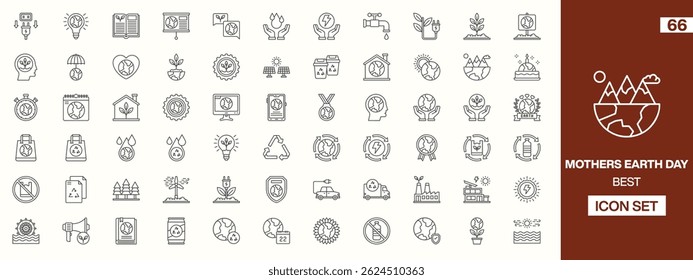 66 Editable Mother’s Earth Day Icons: Line-Art Style Symbols Featuring Plants, Renewable Energy, Recycling, Earth, and Conservation Imagery for Environmental Awareness Campaigns