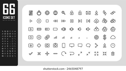 66 Essential Icons Set in light Style. The set consists of essential and commonly-used icons that every UI designer needs