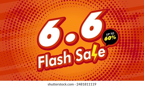 6.6 June flash sale template for shopping advertisement campaign. Orange poster with thunder elements. Ads for web, social media, online shopping