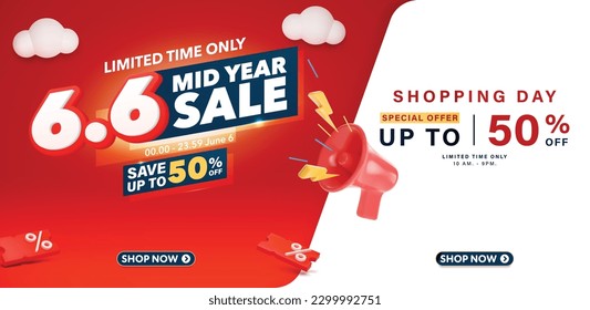 6.6 Mid year sale banner with 3D Sale element are available for use on online shopping websites or in social media advertising.