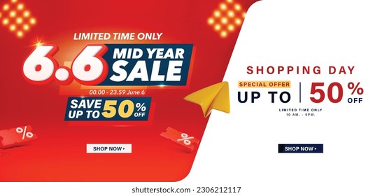 6.6 Mid year sale banner template. Vector illustration banner are available for use on online shopping websites or in social media advertising.