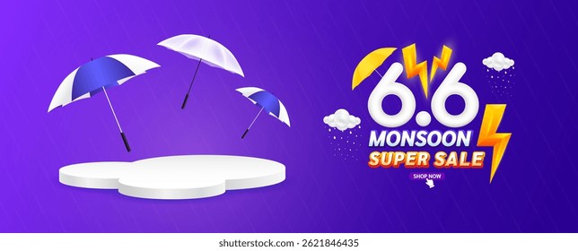 6.6 Monsoon super sale. Yellow thunder sign on clouds. Shopping under umbrella in rain with special offer sale campaign promotion. For social media ads with blank product podium scene. Vector.
