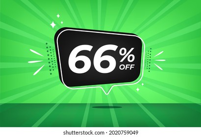66% off. Green banner with sixty-six percent discount on a black balloon for mega big sales.