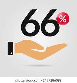66% off promotion. Sixty six percent of discount with hand icon. Sale symbol. Discount creative composition. Vector illustration.