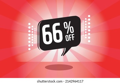 66% de descuento. banner rojo con 66 por ciento de descuento en un globo negro para grandes ventas.