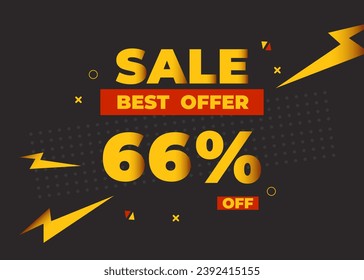 66% off sale best offer. Sale banner with sixty six percent of discount, coupon or voucher vector illustration. Yellow and red template for campaign or promotion.