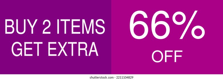 66% off sale gift. Promotion poster, label, flyer, sticker with white font and purple background. Vector illustration. Buy 2 items  get extra.