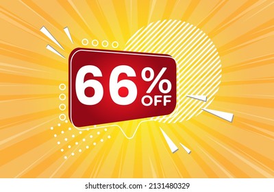 66% off. Yellow banner with 66 percent discount on a red balloon for mega big sales. 66% sale