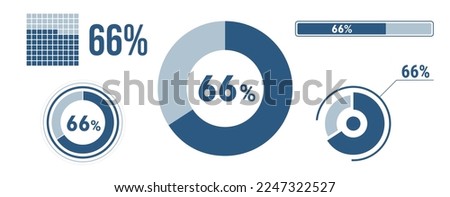 66 percent loading data icon set. Sixty-six circle diagram, pie donut chart, progress bar. 66% percentage infographic. Vector concept collection, blue color.