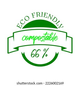 66% percentage compostable with green color. Vector illustration with ribbon and round shape. Compostable and eco friendly icon, sticker, logo.