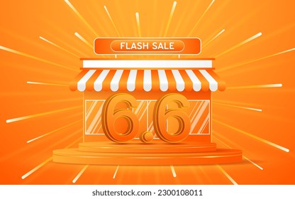 6.6 Shopping Day Flash Sale The number 6.6 is on an orange podium with a shop in the background for website or social media promotion.
