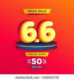 6.6 Shopping day on product podium scene vector illustration for poster, banner, social media and website campaign or promotion. June 6 sales banner template design