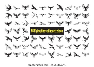 66 Silhouette flying birds illustration. Silhouette birds icon set. 