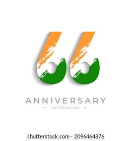66 Year Anniversary Celebration with Brush White Slash in Yellow Saffron and Green Indian Flag Color. Happy Anniversary Greeting Celebrates Event Isolated on White Background