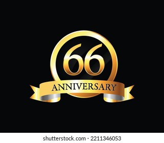 66 Year Anniversary celebration Vector Design with ring and ribbon. 66th Anniversary celebration. Gold Luxury Banner of 66th Anniversary celebration. sixty-sixth celebration card. Vector anniversary