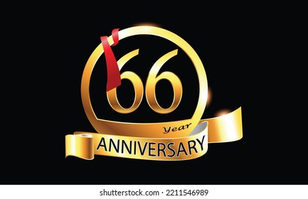 66 Year Anniversary celebration Vector Design with ring and red ribbon. 66th Anniversary celebration. Gold Luxury Banner of 66th Anniversary celebration. sixty-sixth celebration card. 