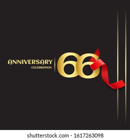 66 year anniversary logo template on black background. golden numbers with red ribbon vector