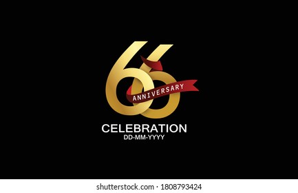 66 year anniversary red ribbon celebration logotype. anniversary logo with Red text and Spark light gold color isolated on black background, design for celebration, invitation - vector