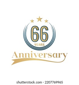 Ilustración de diseño de plantillas vectoriales de 66 años. Diseño de color dorado y azul con cinta