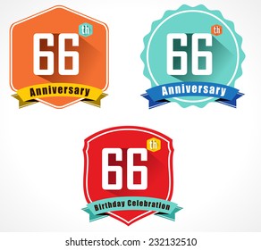 66 year birthday celebration flat color vintage label badge, 66th anniversary decorative emblem - vector illustration eps10