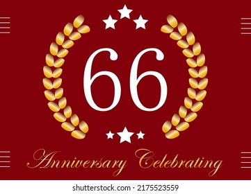 66 years anniversary celebration. Birthday date vector with gold crown on red background.